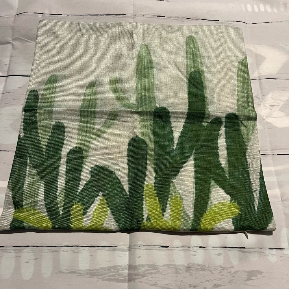 Cream Square Throw Style Pillow Case with Green Cactus, Canvas Style Fabric